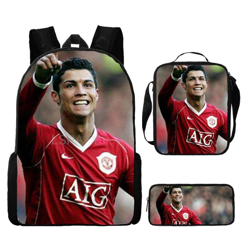 Kit Escolar Infantil 3 Peças do Cristiano Ronaldo: Mochila, Bolsa de Ombro e Estojo