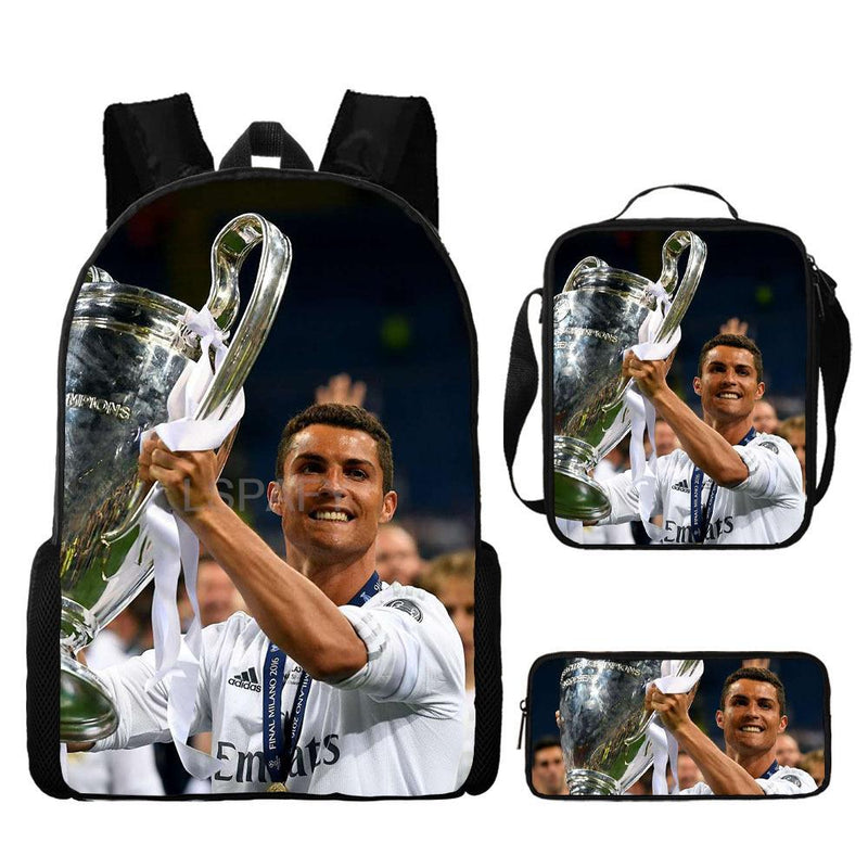 Kit Escolar Infantil 3 Peças do Cristiano Ronaldo: Mochila, Bolsa de Ombro e Estojo