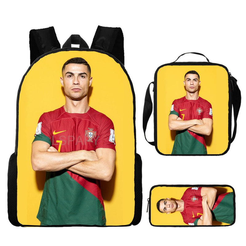 Kit Escolar Infantil 3 Peças do Cristiano Ronaldo: Mochila, Bolsa de Ombro e Estojo