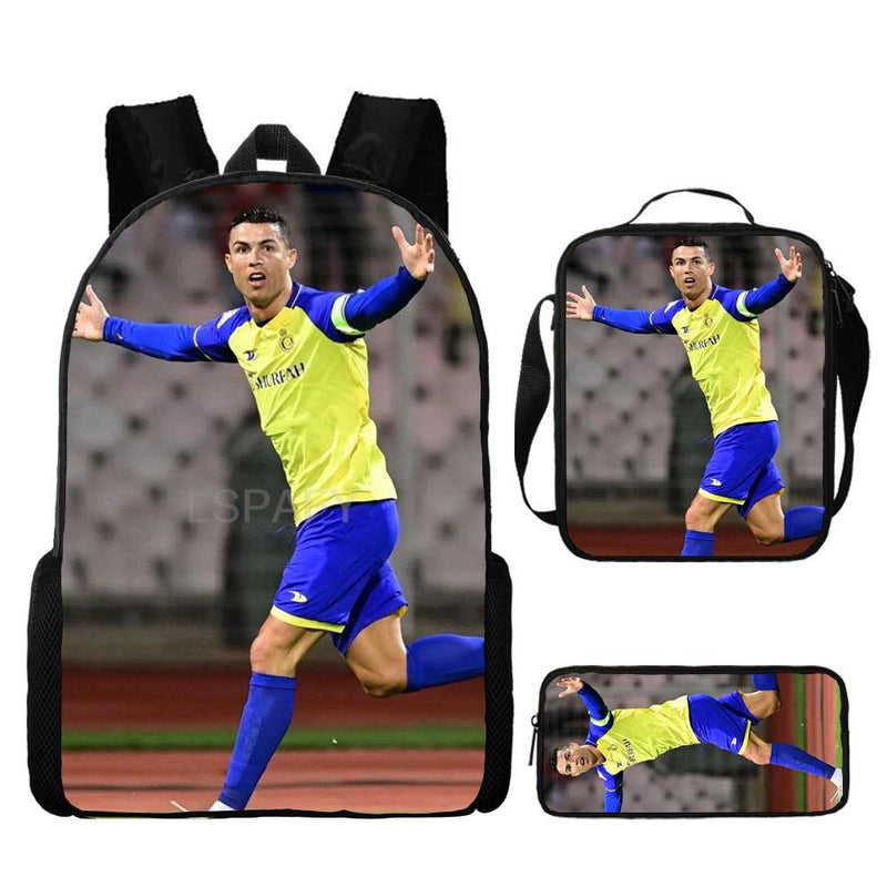 Kit Escolar Infantil 3 Peças do Cristiano Ronaldo: Mochila, Bolsa de Ombro e Estojo