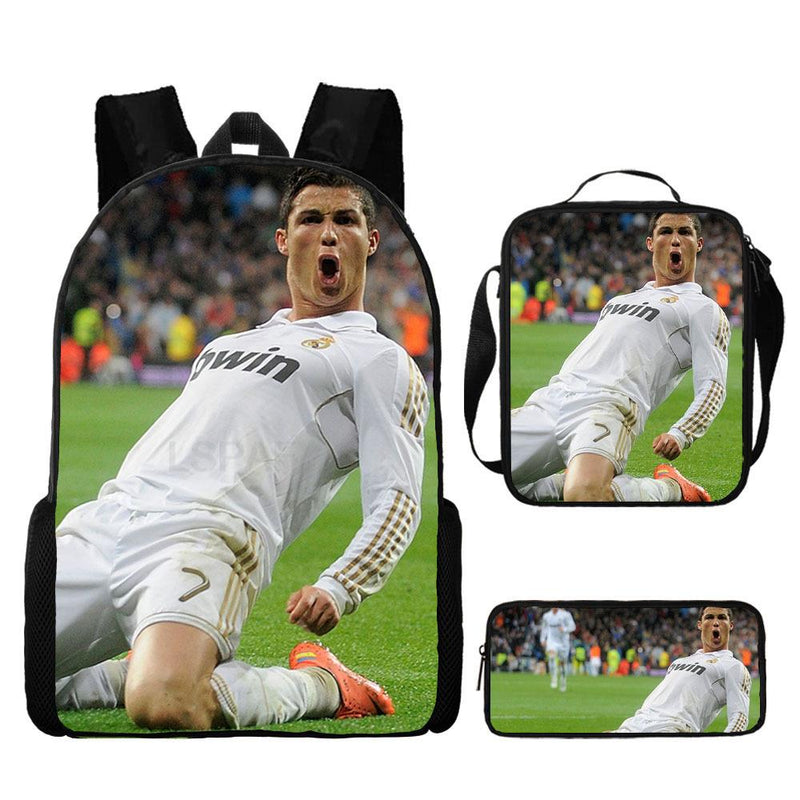 Kit Escolar Infantil 3 Peças do Cristiano Ronaldo: Mochila, Bolsa de Ombro e Estojo