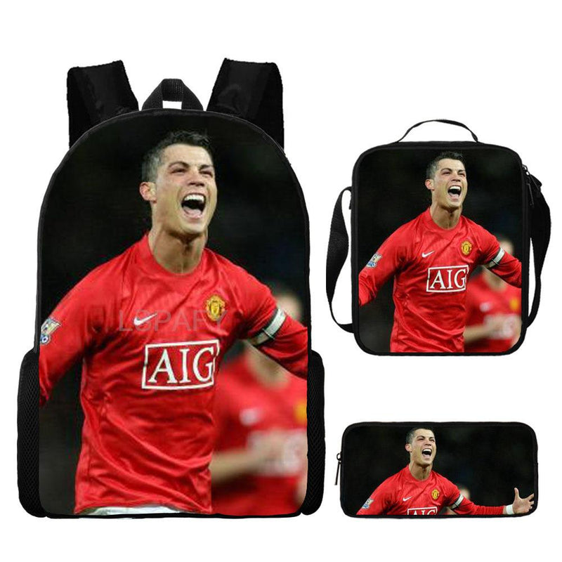 Kit Escolar Infantil 3 Peças do Cristiano Ronaldo: Mochila, Bolsa de Ombro e Estojo