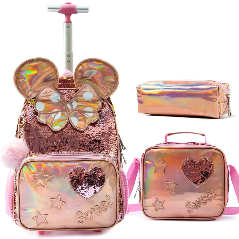 Kit Escolar Dourado Brilhante - Mochila de Rodinha da Minnie, Lancheira Térmica e Estojo