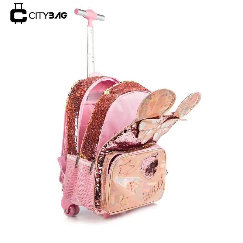 Kit Escolar Dourado Brilhante - Mochila de Rodinha da Minnie, Lancheira Térmica e Estojo